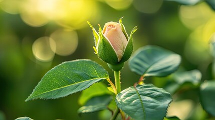 Close-up of a rosebud just beginning to open, with fresh green leaves, creating a delicate and elegant background with ample copy space.