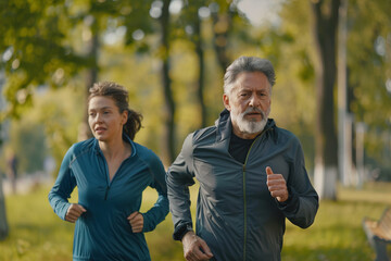 A middle-aged man and woman running in the park