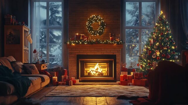 Cozy winter evening by the fireplace with Christmas decorations and gifts