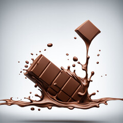 Beautiful square image view of triangular dark chocolate piece floating on huge swirl of dark melted chocolate