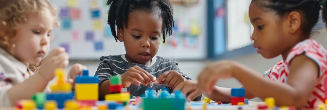 Three children of different ethnicities play together with colorful building blocks in a preschool classroom. The image symbolizes diversity, childhood, learning, creativity, and friendship.