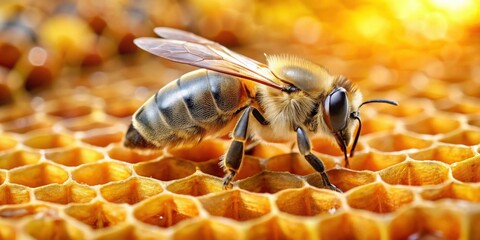 Honey bee gathering nectar on a honeycomb, bee, honeycomb, hive, honey, insect, pollination, yellow, black, stripes, nature, sweet