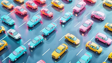 A colorful array of cars parked in a grid pattern, creating a vibrant and modern urban landscape.