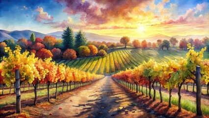 Naklejka premium Vibrant watercolor painting capturing the beauty of a vineyard in late summer , vineyard, watercolor, painting
