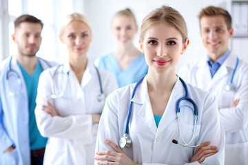 Fototapeta premium Attractive female doctor in front of medical group