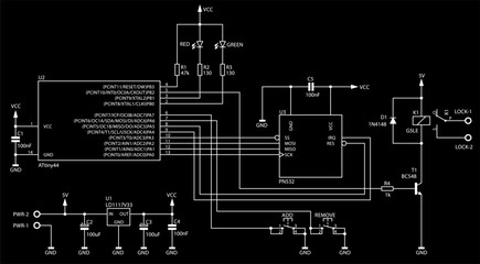 Schematic diagram of electronic device.  Vector drawing electrical circuit with
integrated circuit, resistor, capacitor, diode, microcontroller,
transistor, voltage stabilizer, led indicator,
other.