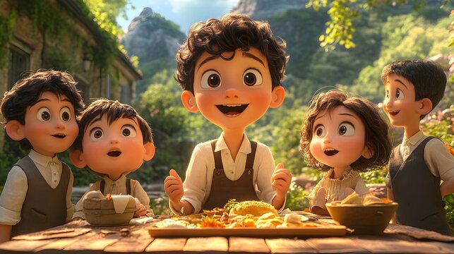 Heartwarming French Family Day with animated characters enjoying a picnic outdoor games and family activities