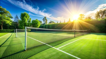 Fototapeta premium Sun-Drenched Tennis Court with Vibrant Green Grass and a Pristine White Net AI Generated