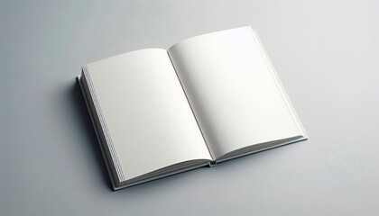 Open book mockup with blank white pages and hard cover on isolated light grey background