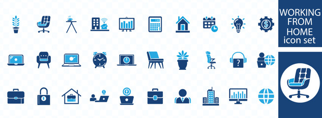 Working from home icon set. Containing remote work, work online, freelancing, home office, digital nomad, portfolio and more. Solid vector icons