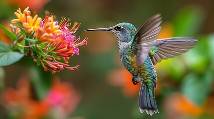 Obraz premium Closeup shot of colorful hummingbird Trochilidae family hovering midair next vibrant flower capturing bird's iridescent plumage delicate flight