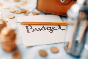 Close-up of a budget note, surrounded by coins and a wallet, emphasizing personal finance and money management.