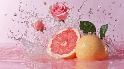 Fototapeta premium Vibrant Grapefruit and Rose Splash in Sparkling Water on Pink Background - Refreshing Artistic Composition