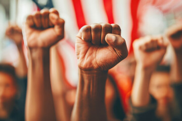 Close-up of raised fists symbolizing unity and strength during a peaceful protest with a flag backdrop.