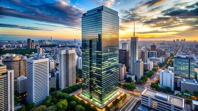 A Symphony of Glass and Steel: A Modernist Skyscraper in the Heart of Tokyo  AI generated