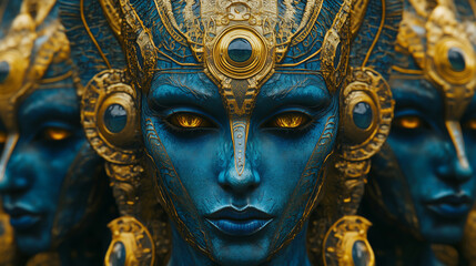 Obraz premium Blue-Skinned Woman with Ornate Gold Headdress and Glowing Eyes, Mystical Portrait