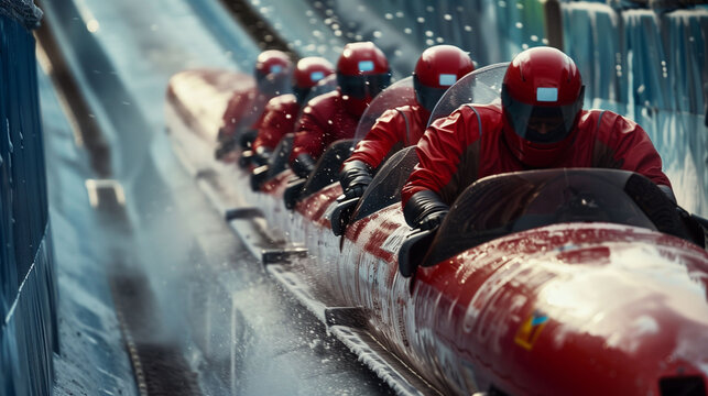 Bobsled team racing down an icy track in winter sports competition.