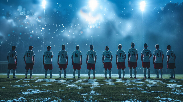 Soccer team standing in a row under floodlights on a snowy field at night.