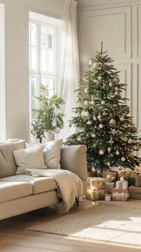 Cozy living room with Christmas tree and gifts..