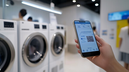 Hand Holding Smartphone in Modern Smart Laundry Room, Using QR Code for Machine Operation