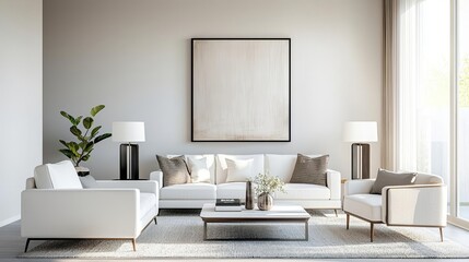 Contemporary living room, sleek white furniture, bold abstract art piece, sunlight streaming in, neutral tones, sophisticated and stylish