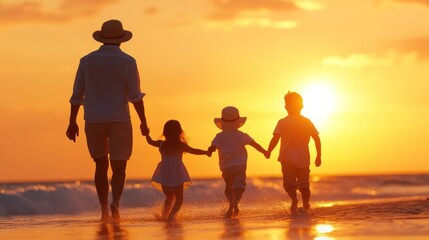 Fototapeta premium A joyful family walks hand in hand along the beach at sunset, enjoying a serene moment by the ocean waves.
