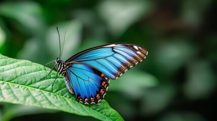 Elegant Blue Morpho Butterfly on a vibrant green leaf, dappled sunlight and blurred foliage background, emphasizing the butterfly's striking blue wings