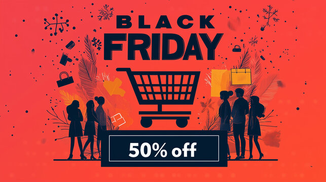 "BLACK FRIDAY" in bold black letters on a white background with a shopping cart icon and "50% off" in the corner