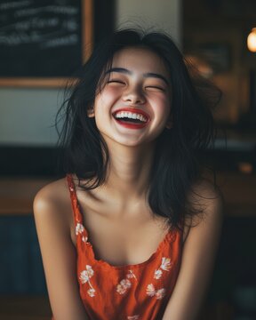 A young woman beams with happiness in a warm, inviting caf&eacute; setting