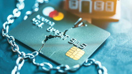 A broken credit card chained to a house symbolizing financial insecurity and debt management.