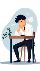 A young man looks frustrated while studying at a desk, conveying stress and concentration in a modern workspace.