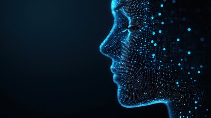 Obraz premium A digital representation of a face illuminated by blue lights, showcasing the fusion of technology and humanity in a futuristic style.