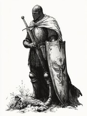 Fototapeta premium A Medieval Knight in Full Armor Standing with Sword and Shield