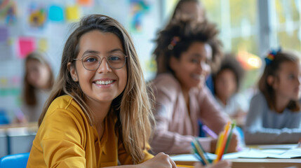 Smiling student in a classroom, with classmates in the background.