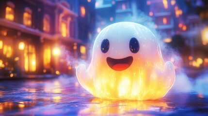 Ghost with a cheerful expression, rainbow city in the background, bringing a touch of whimsy