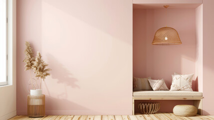 A serene pink room with a cozy nook, showcasing modern decor, plush cushions, and natural elements for a calming ambiance.