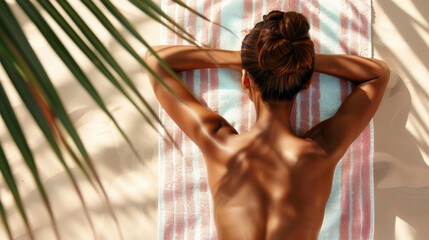 A serene scene of a woman sunbathing under tropical shadows, embodying relaxation and summer vibes.