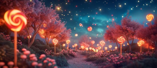 A vibrant pathway with whimsical lollipop trees under a starry night in a magical candyland of wonder