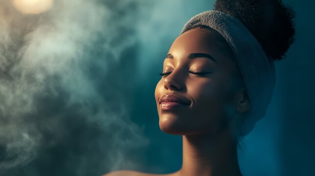 A woman enjoys a tranquil spa experience surrounded by gentle steam