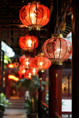 Obraz premium Row of traditional red Chinese lanterns in an outdoor Asian setting