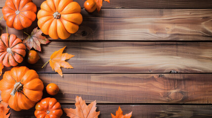 A vibrant arrangement of pumpkins and autumn leaves on a rustic wooden surface, capturing the essence of fall.