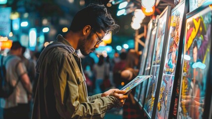 An artist showcasing their comic artwork at a brightly lit booth, the vivid illustrations attracting a crowd of enthusiastic fans