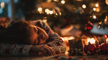 Little girl sleeping on the floor near the christmas tree with gifts