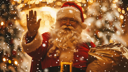 Portrait of santa claus with bag of gifts on blurred background