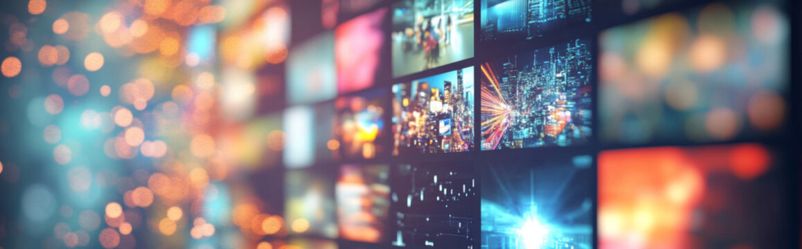 Multicolored digital screnn wall with glowing light streaming services effects in a bokeh style