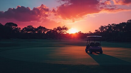 Golf course at sunset with a golf cart, capturing a serene and beautiful moment perfect for relaxation and leisure themes.
