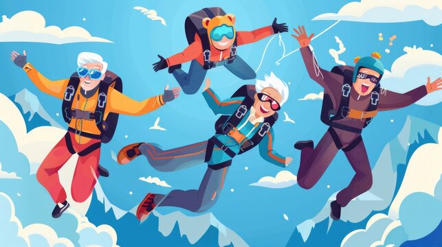 Group of Seniors Skydiving, Embracing Extreme Activity, Aging Well