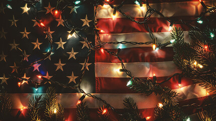American flag with christmas lights and garland, vintage toned