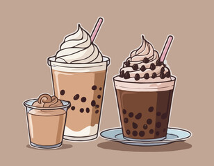 Hand Drawn Chocolate Cake and bubble Milk Tea illustration
