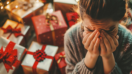 Sad woman sitting alone in front of christmas tree and looking down